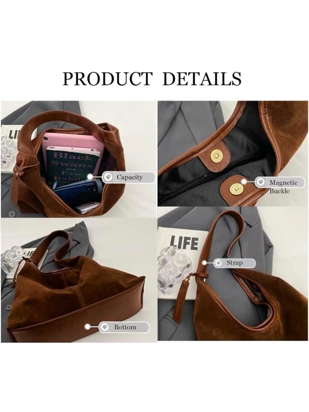 Faux Suede Slouchy Hobo  Shoulder Purse Light Brown-New - Picture 3 of 5